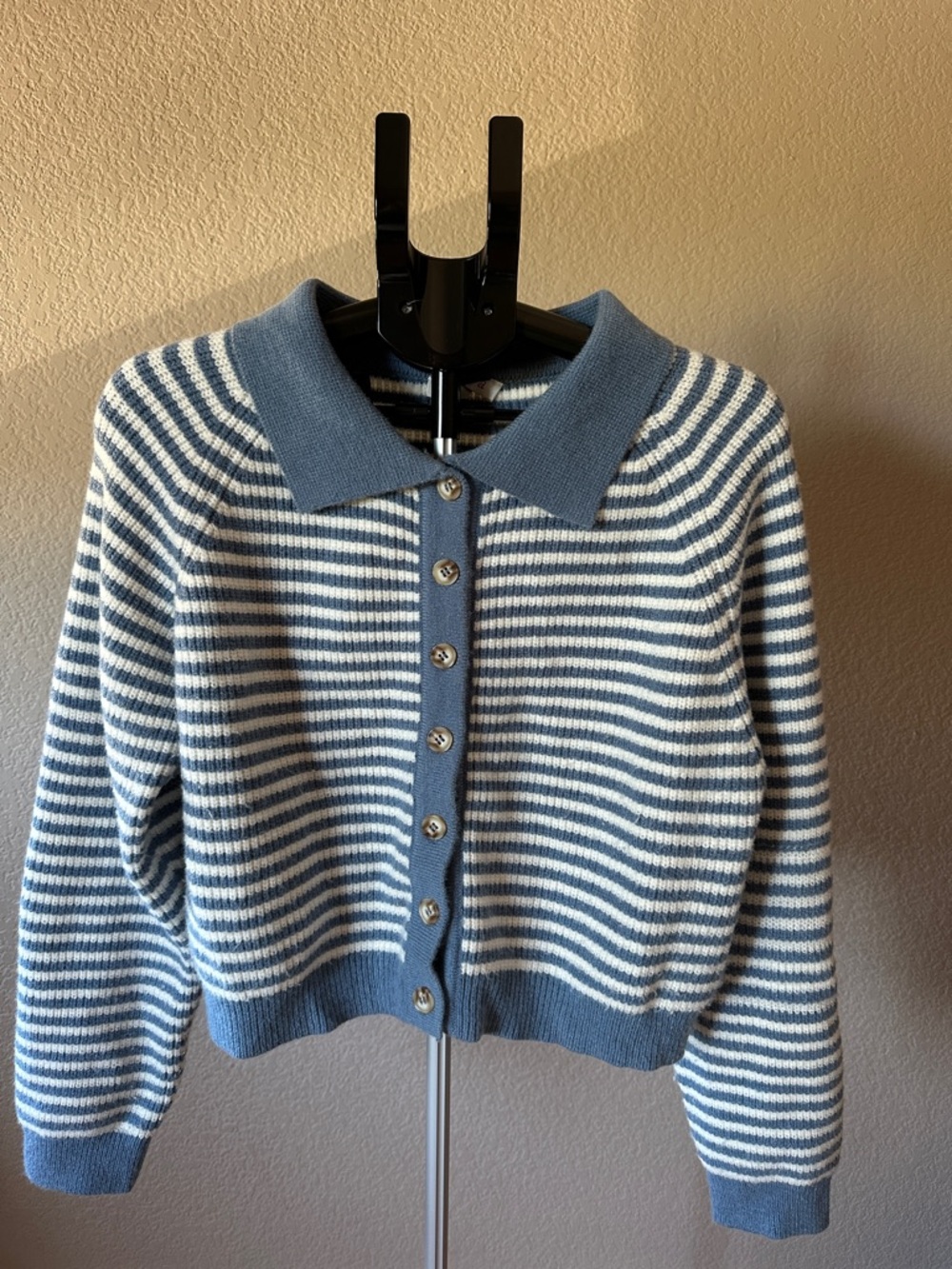 Striped Blue and White Polo-Style Button Cardigan
